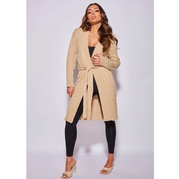 Knitted Long Sleeve Belted Long Midi Cardigan Sweater Duster - Picture 11 of 14